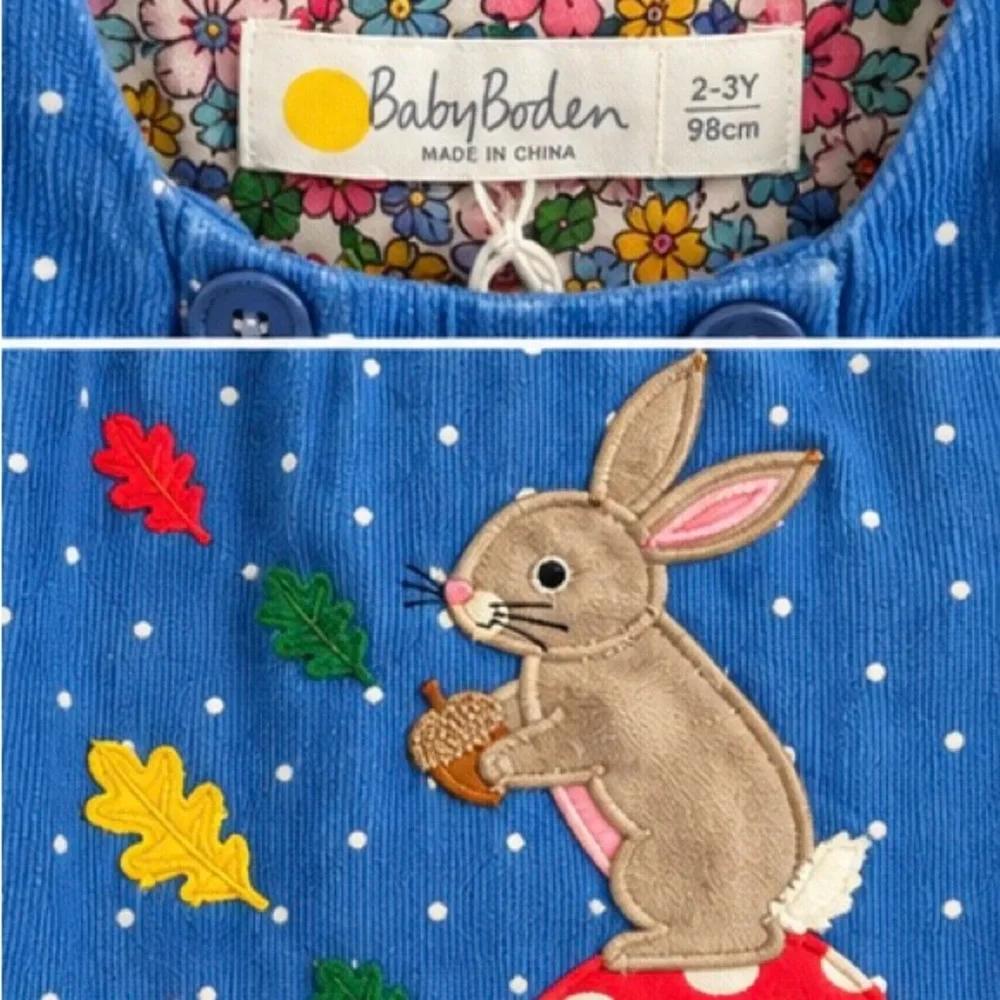 Baby Boden Blue Corduroy Bunny Appliqué Dress with Multicolor Leaves
